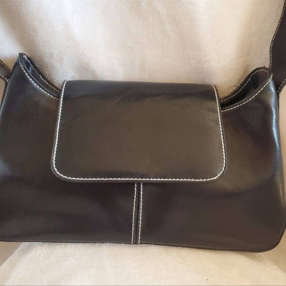 BLACK BAGUETTE FAUX LEATHER SHOULDER HANDBAG Y2K - Picture 2 of 8